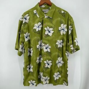 Tehama Silk Hawaiian Shirt Men's Large Green Floral Short Sleeve Vacay Travel